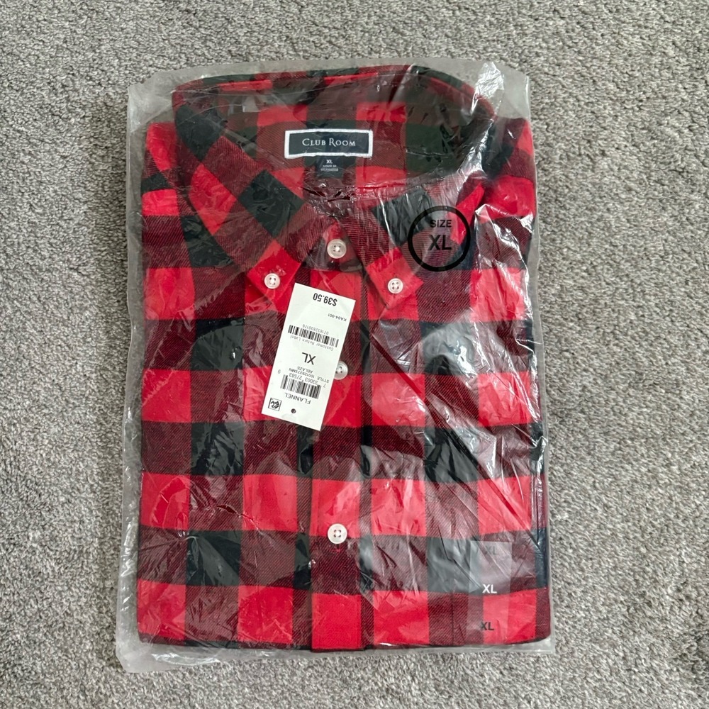 CLUBROOM Men's Red‎ Plaid Button Up Long Sleeve XL